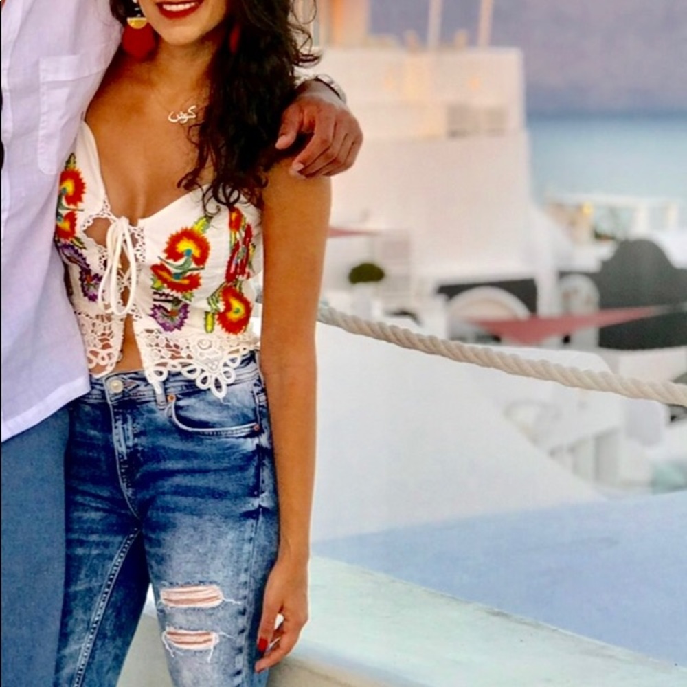 Embroidered Crop Top with Lace and Tie